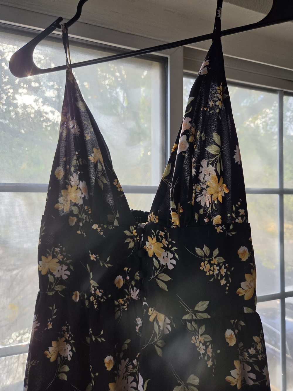 Vici Black Maxi Dress with Yellow and Cream Floral Print